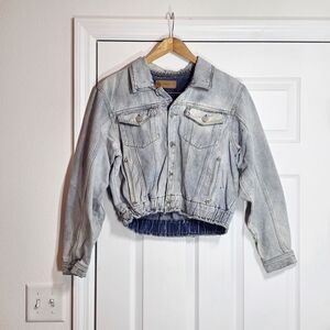 Blank NYC Denim Jacket Women Sz L  Light Wash Distressed Pleated Front No Hoodie